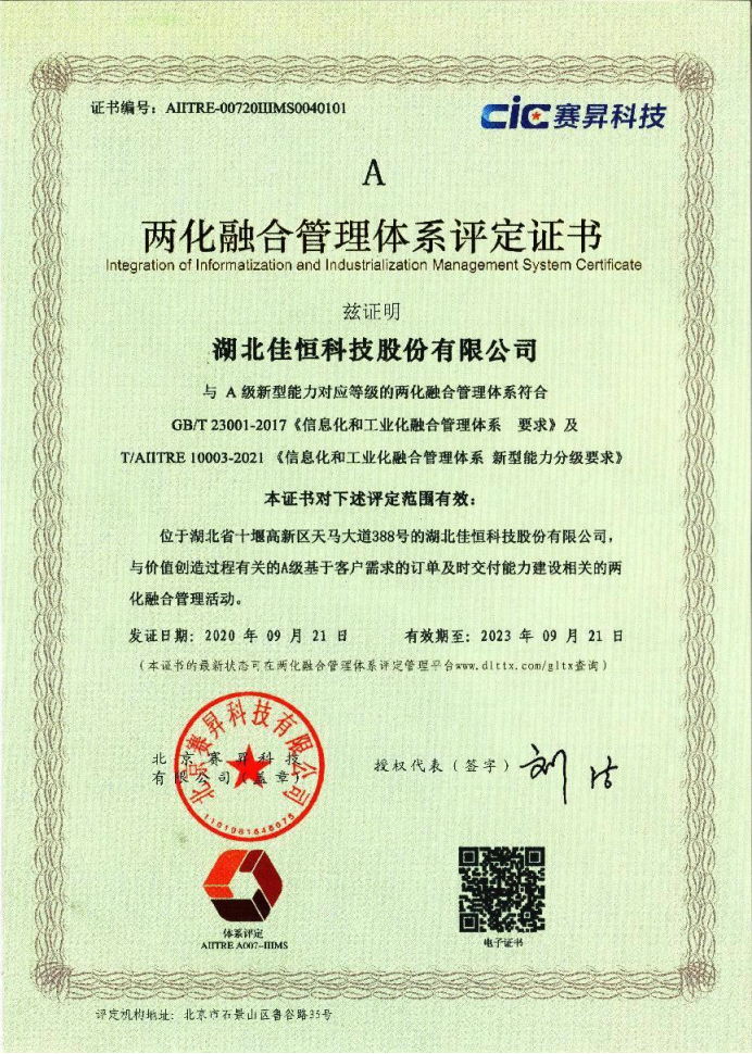 兩化融(róng)合管理(li)體系評(ping)定證書(shu)